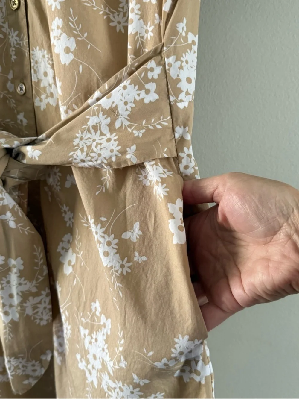 Michael Kors Khaki Floral Tie-Waist Midi Shirt Dress